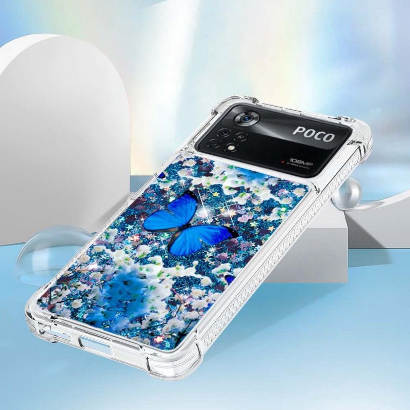 Kuori Poco X4 Pro 5G Glitter Blue Perhoset