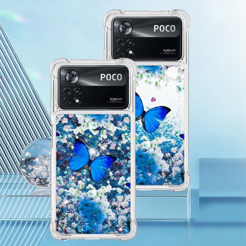 Kuori Poco X4 Pro 5G Glitter Blue Perhoset