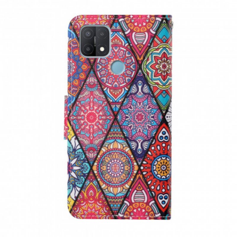 Nahkakotelo Oppo A15 Patchwork Kaulanauhalla