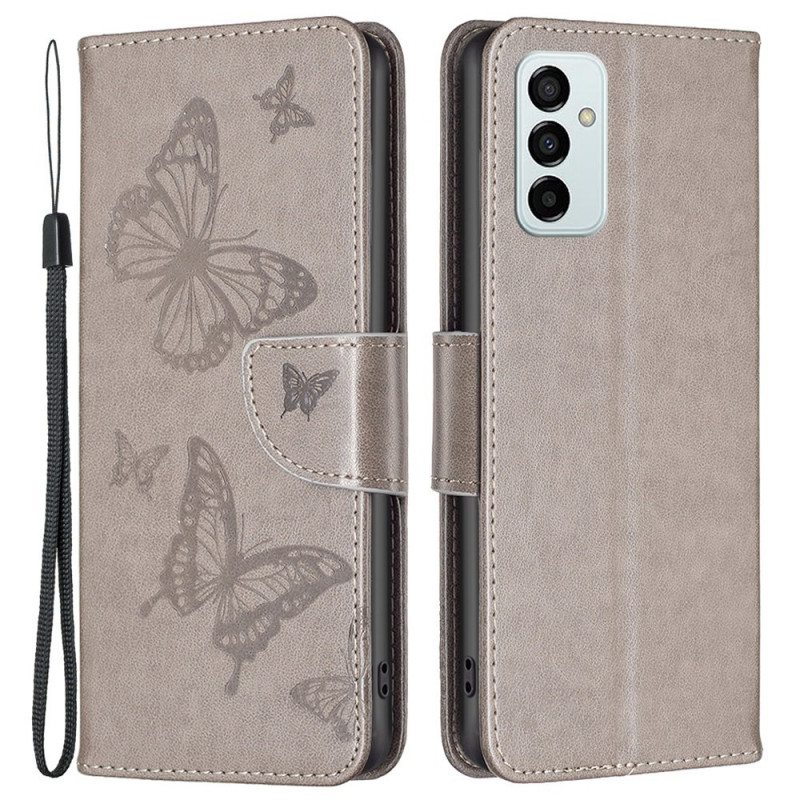 Flip Case Samsung Galaxy M23 5G Suojaketju Kuori Perhosille Painettu Olkahihna