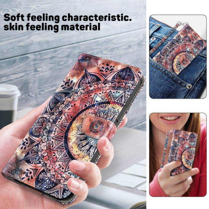 Nahkakotelo Samsung Galaxy A15 Värikäs Mandala Hihnalla