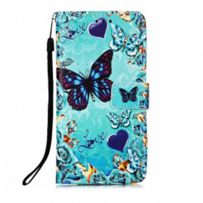 Nahkakotelo Poco M3 Suojaketju Kuori Love Butterflies Strappy