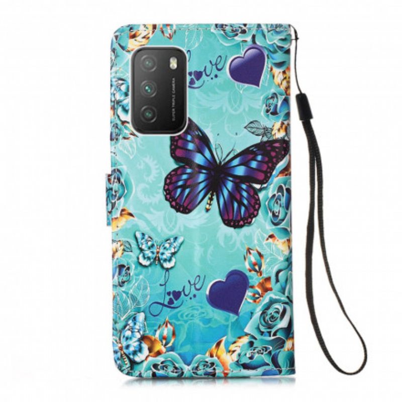 Nahkakotelo Poco M3 Suojaketju Kuori Love Butterflies Strappy