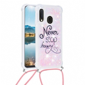 Case Samsung Galaxy A20e Kiristysnyörillä Älä Koskaan Lopeta Glitter-vetonauhaa