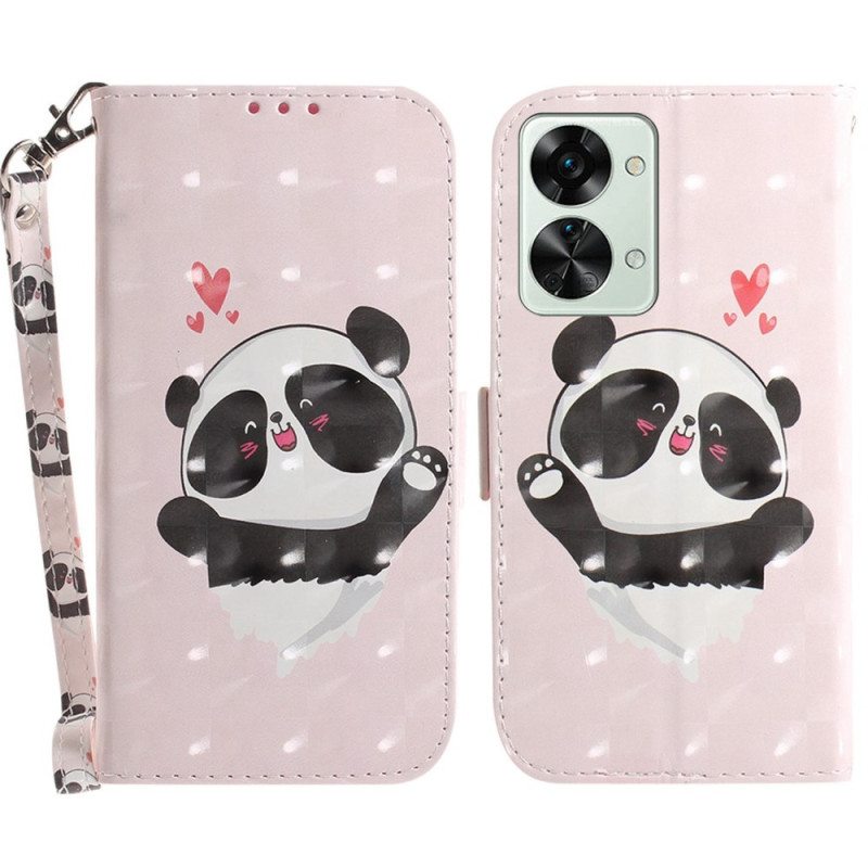 Nahkakotelo OnePlus Nord 2T 5G Suojaketju Kuori Panda Love With Lanyard