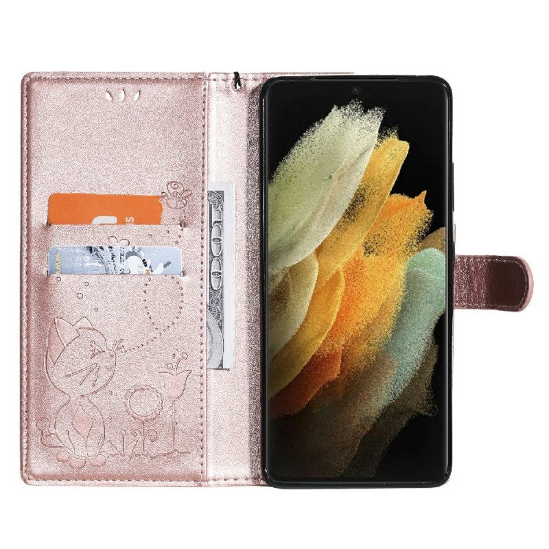 Flip Case Samsung Galaxy S21 Ultra 5G Suojaketju Kuori Kissa Ja Mehiläinen Kaulanauhalla