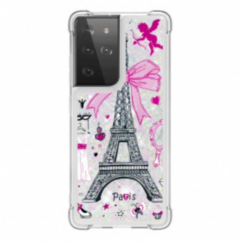 Kuori Samsung Galaxy S21 Ultra 5G Eiffel-tornin Paljetteja