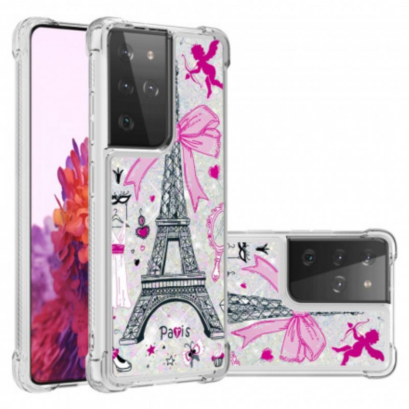 Kuori Samsung Galaxy S21 Ultra 5G Eiffel-tornin Paljetteja