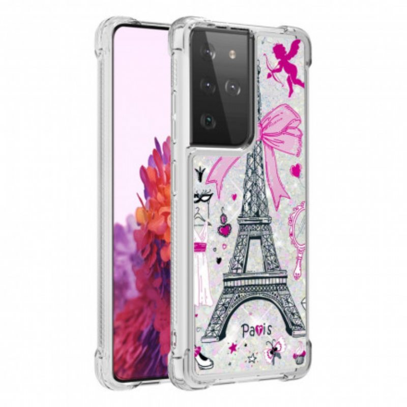 Kuori Samsung Galaxy S21 Ultra 5G Eiffel-tornin Paljetteja