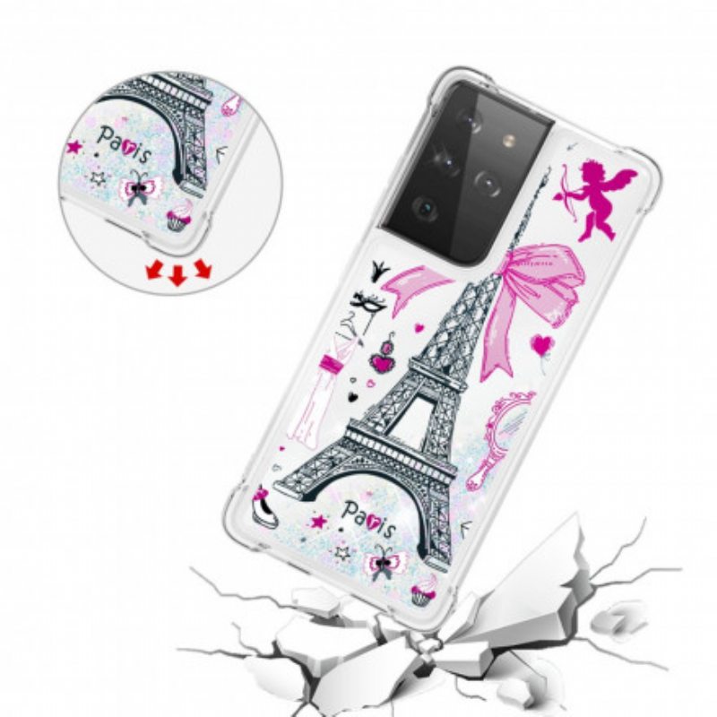 Kuori Samsung Galaxy S21 Ultra 5G Eiffel-tornin Paljetteja