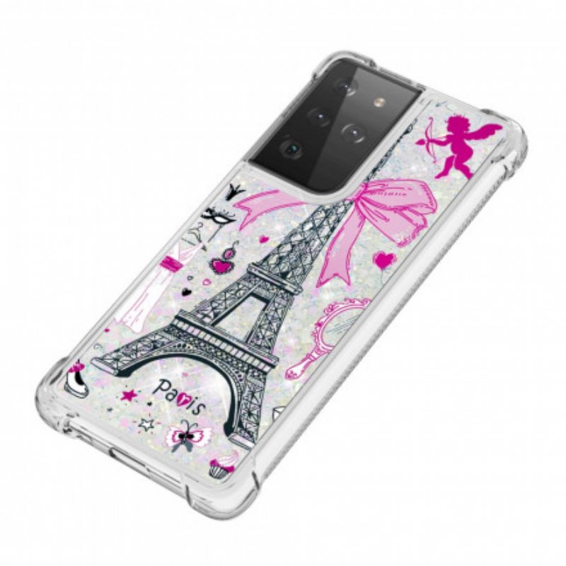 Kuori Samsung Galaxy S21 Ultra 5G Eiffel-tornin Paljetteja