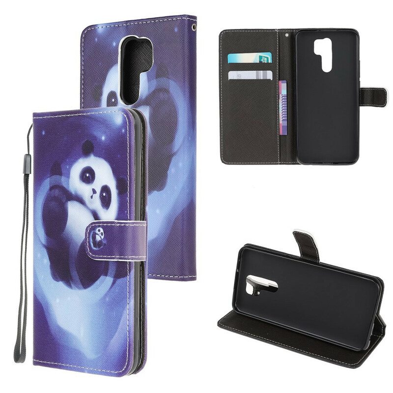 Flip Case Xiaomi Redmi 9 Suojaketju Kuori Panda Space Kaulanauhalla