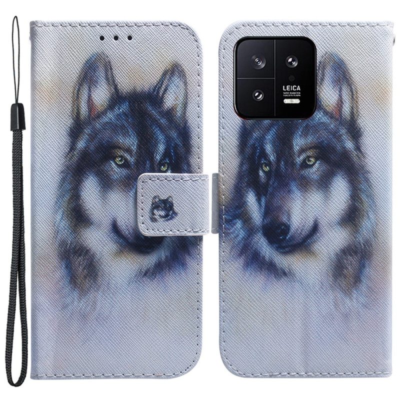 Flip Case Xiaomi 13 Suojaketju Kuori Strappy Watercolour Wolf