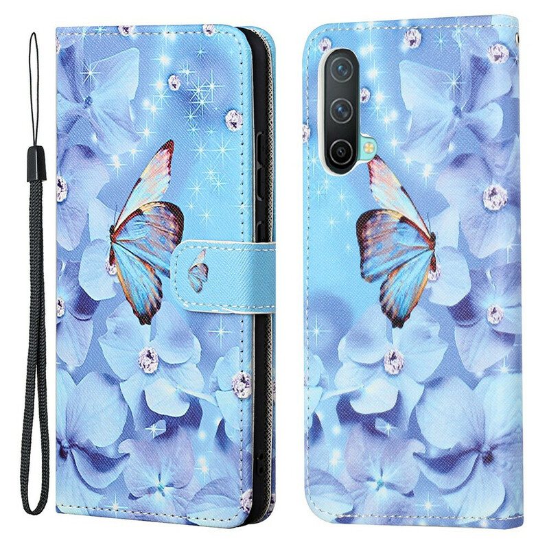 Flip Case OnePlus Nord CE 5G Suojaketju Kuori Strappy Diamond Perhoset