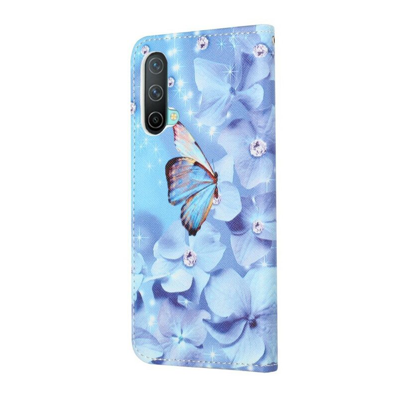 Flip Case OnePlus Nord CE 5G Suojaketju Kuori Strappy Diamond Perhoset