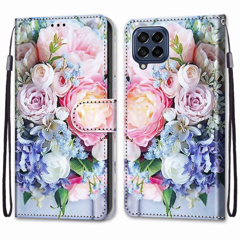 Flip Case Samsung Galaxy M53 5G Kukkia Kaulanauhalla