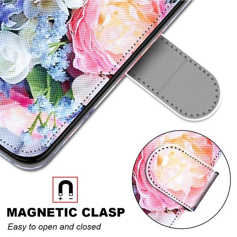 Flip Case Samsung Galaxy M53 5G Kukkia Kaulanauhalla