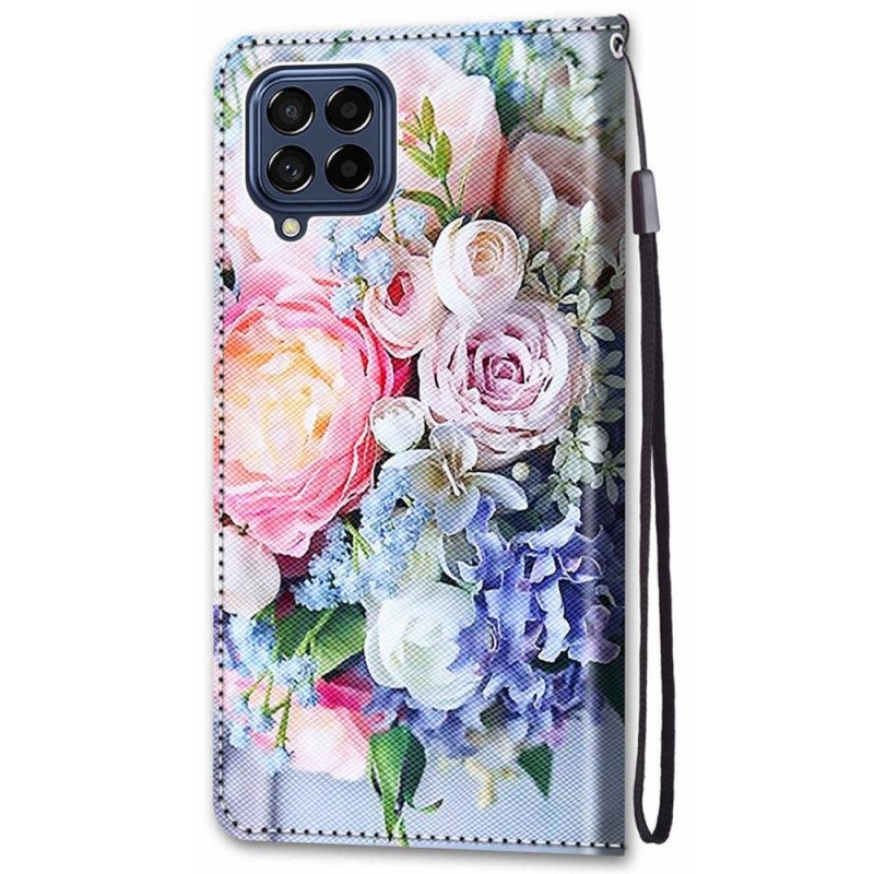 Flip Case Samsung Galaxy M53 5G Kukkia Kaulanauhalla