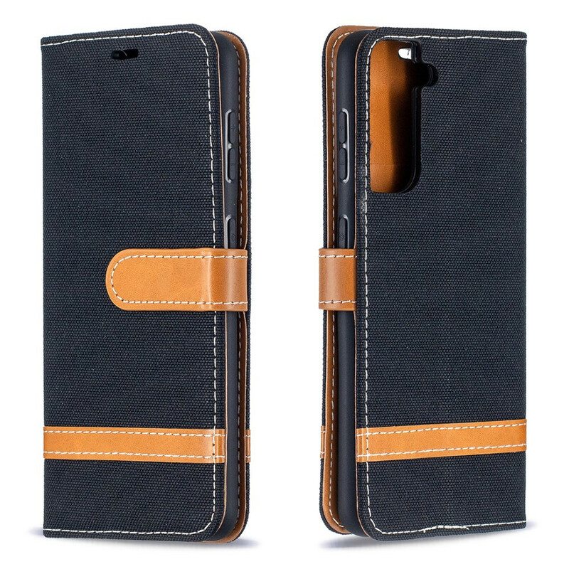 Flip Case Samsung Galaxy S21 5G Suojaketju Kuori Kangas- Ja Nahkaefektihihna