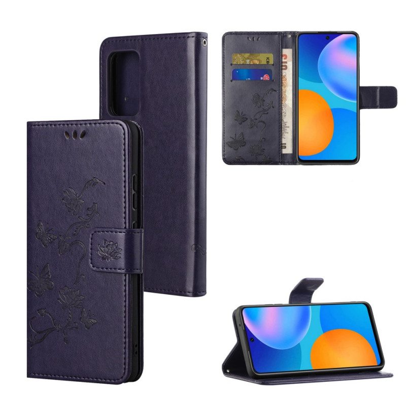 Flip Case Samsung Galaxy M52 5G Suojaketju Kuori Perhoset Ja Kukat -hihna