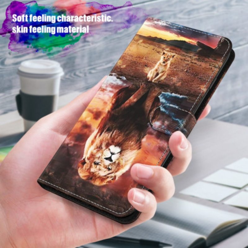 Nahkakotelo Samsung Galaxy A32 5G Light Spot Lion Kaulanauhalla