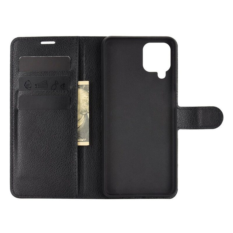 Flip Case Samsung Galaxy M12 / A12 Klassinen Litsi Tekonahka