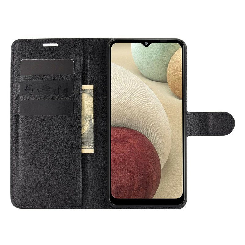 Flip Case Samsung Galaxy M12 / A12 Klassinen Litsi Tekonahka