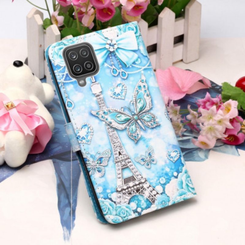 Flip Case Samsung Galaxy M12 / A12 Suojaketju Kuori Eiffel-tornin Perhoshihna