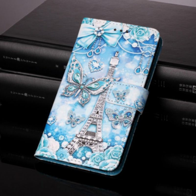 Flip Case Samsung Galaxy M12 / A12 Suojaketju Kuori Eiffel-tornin Perhoshihna