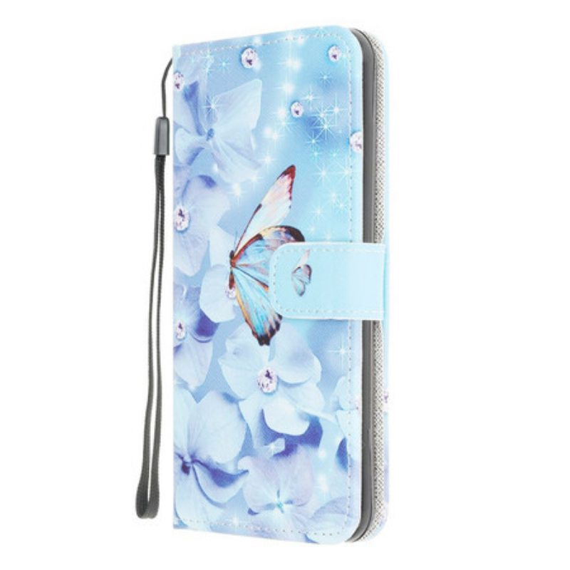 Flip Case Samsung Galaxy M12 / A12 Suojaketju Kuori Strappy Diamond Perhoset