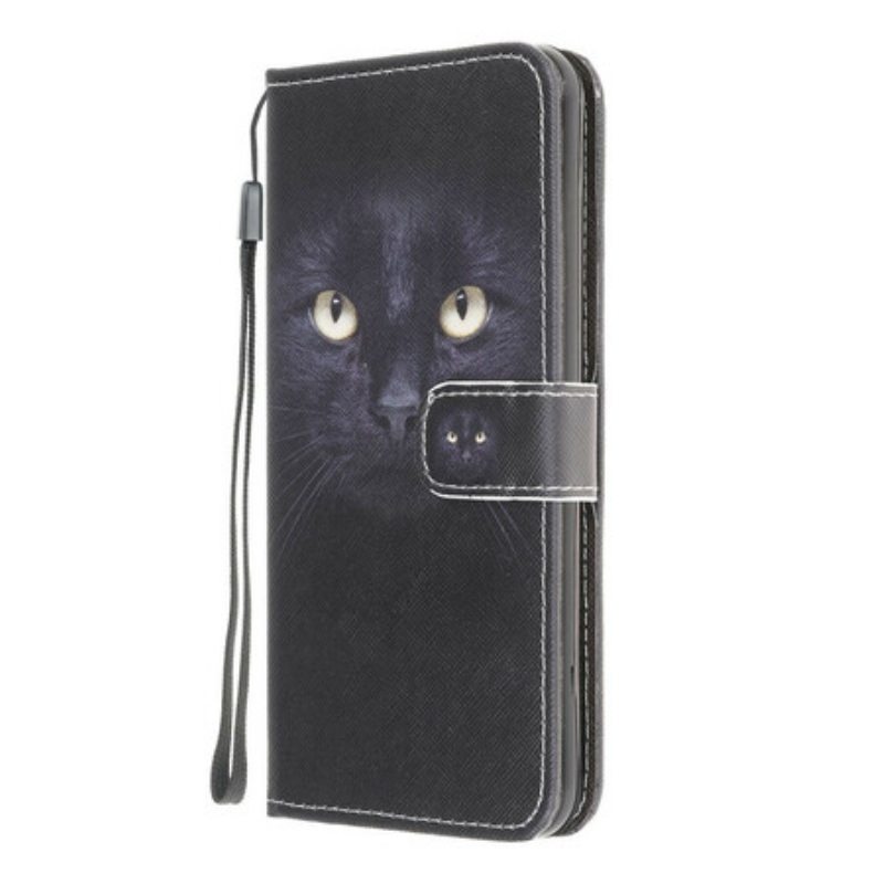 Nahkakotelo Samsung Galaxy M12 / A12 Suojaketju Kuori Strappy Black Cat Eyes