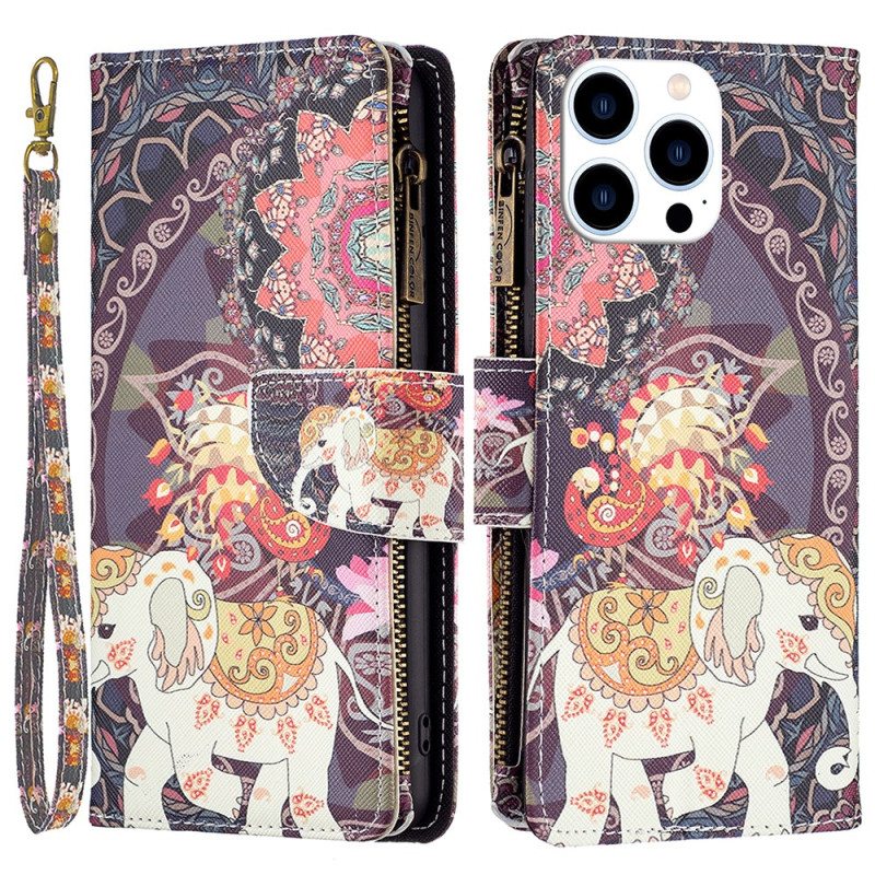 Kotelot iPhone 16 Pro Max Tribal Elephant -lompakko Hihnalla