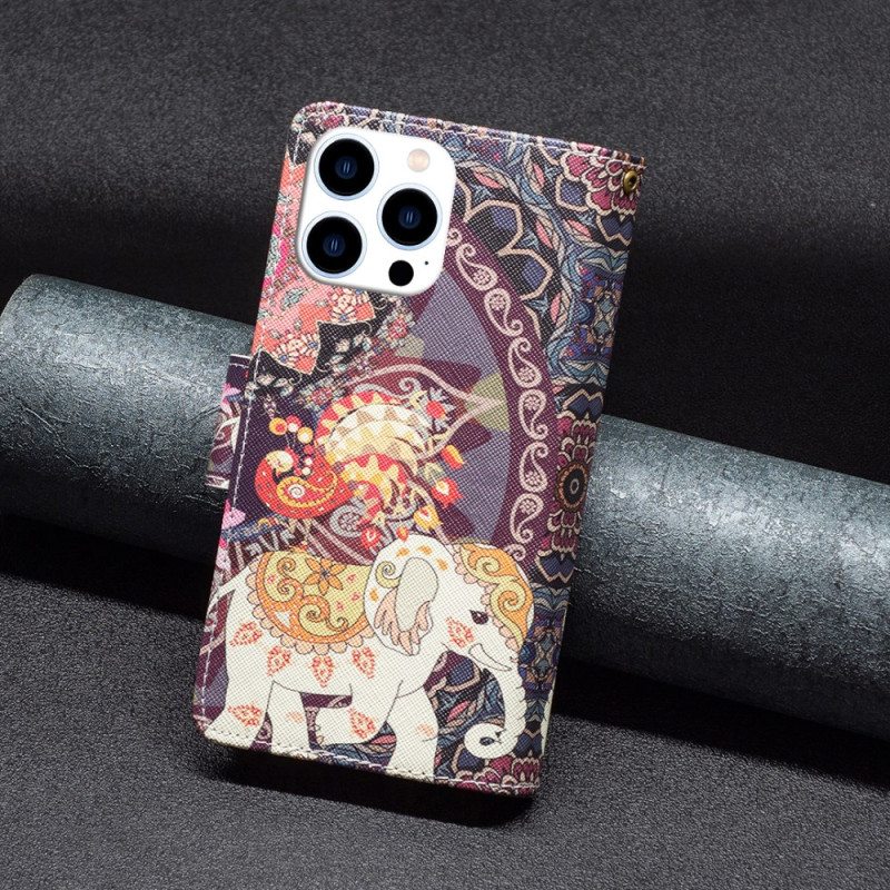 Kotelot iPhone 16 Pro Max Tribal Elephant -lompakko Hihnalla