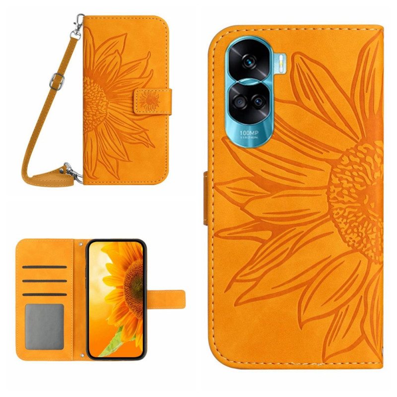 Flip Case Honor 90 Lite Auringonkukka Olkahihnalla