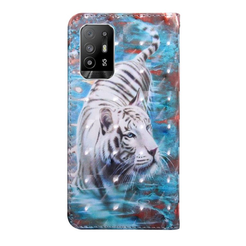 Kotelot Oppo A94 5G Tiger Faux Nahka Kaulanauhalla