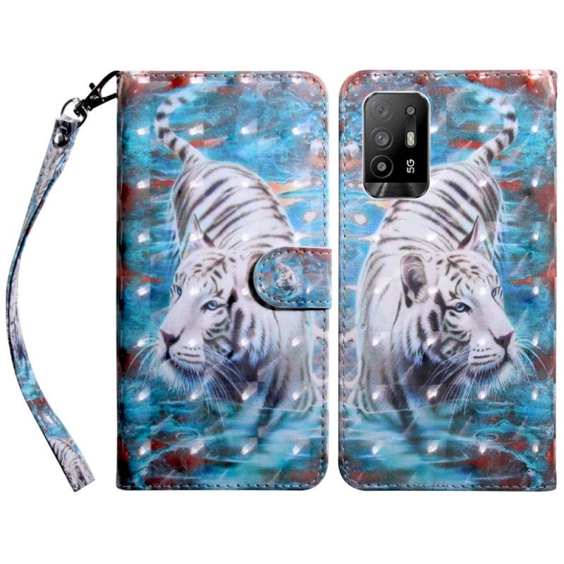 Kotelot Oppo A94 5G Tiger Faux Nahka Kaulanauhalla