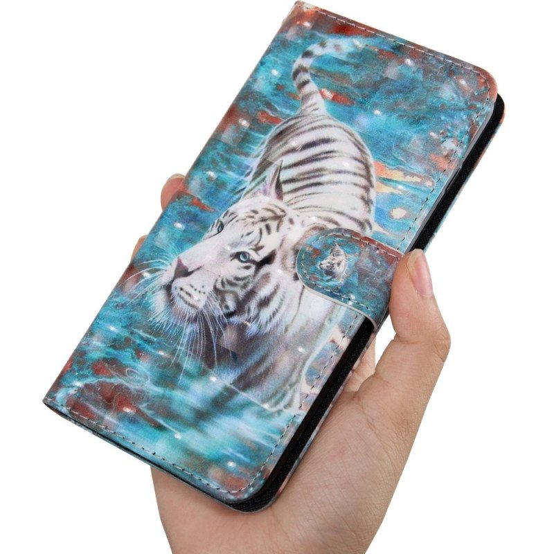 Kotelot Oppo A94 5G Tiger Faux Nahka Kaulanauhalla