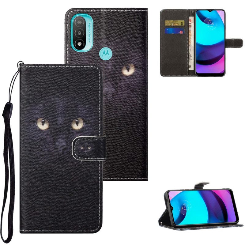 Nahkakotelo Moto G71 5G Suojaketju Kuori Strappy Black Cat Eyes