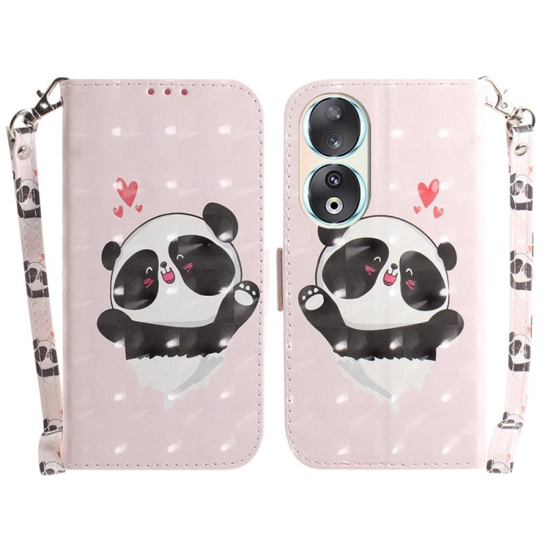 Nahkakotelo Honor 90 Suojaketju Kuori Panda Love Hihnalla