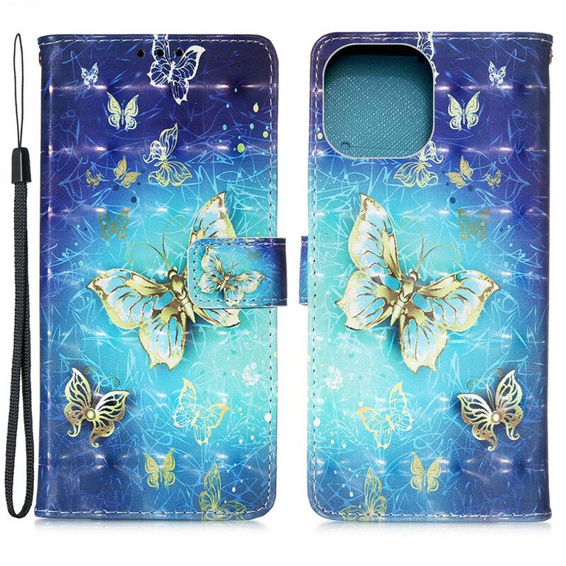 Kotelot iPhone 13 Mini Golden Butterflies Kaulanauha