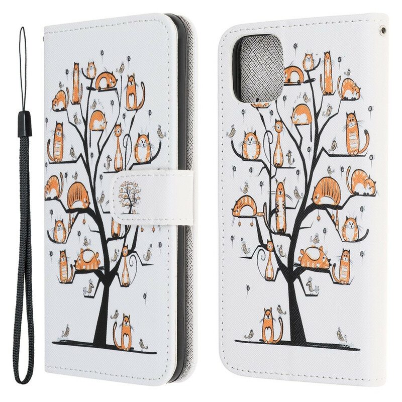 Nahkakotelo iPhone 13 Mini Suojaketju Kuori Funky Cats Hihnalla