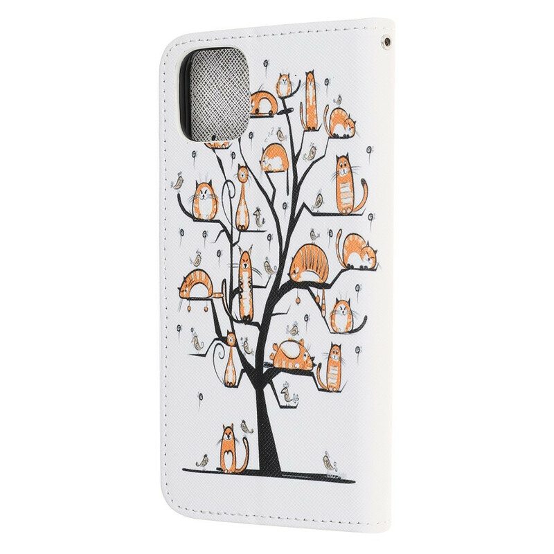 Nahkakotelo iPhone 13 Mini Suojaketju Kuori Funky Cats Hihnalla