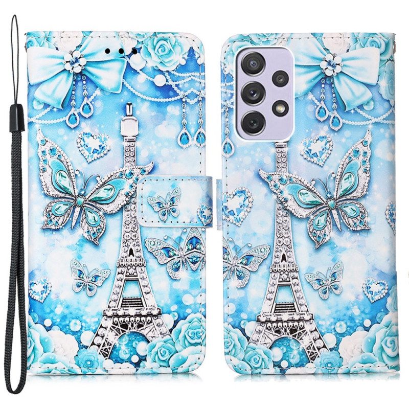 Flip Case Samsung Galaxy A33 5G Suojaketju Kuori Eiffel-tornin Perhoshihna