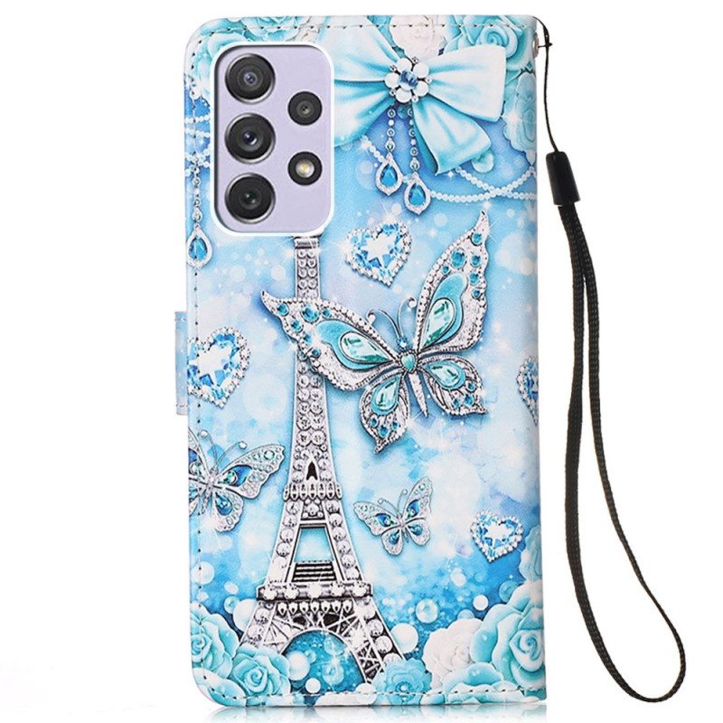 Flip Case Samsung Galaxy A33 5G Suojaketju Kuori Eiffel-tornin Perhoshihna