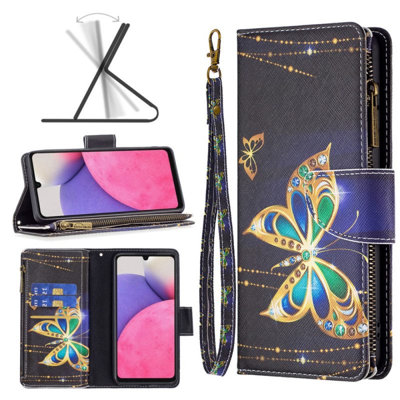 Nahkakotelo Samsung Galaxy A33 5G Royal Butterfly Vetoketjullinen Pussi