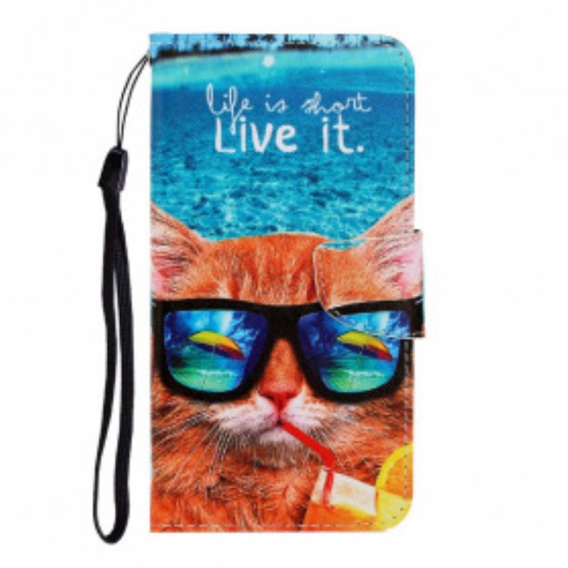 Nahkakotelo Samsung Galaxy A22 Suojaketju Kuori Cat Live It Strappy