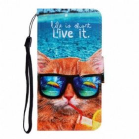 Nahkakotelo Samsung Galaxy A22 Suojaketju Kuori Cat Live It Strappy