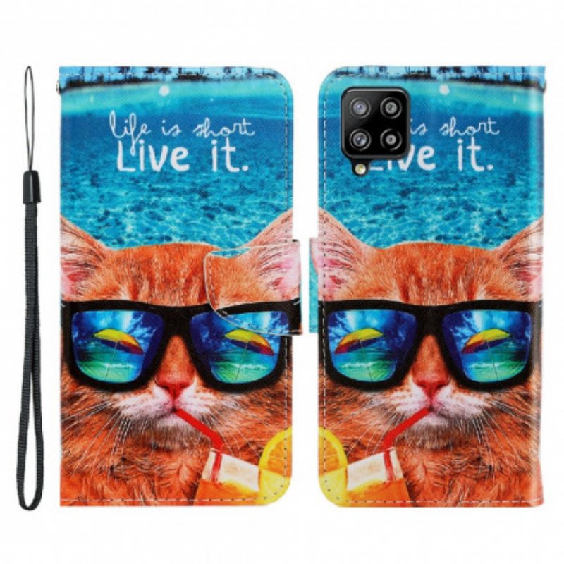 Nahkakotelo Samsung Galaxy A22 Suojaketju Kuori Cat Live It Strappy