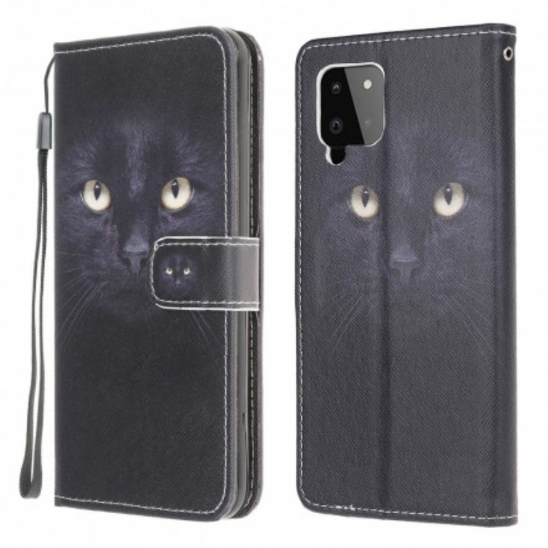 Nahkakotelo Samsung Galaxy A22 Suojaketju Kuori Strappy Black Cat Eyes