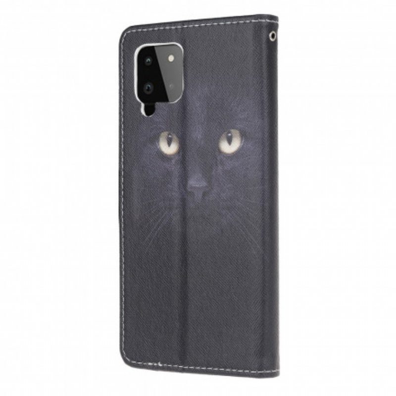 Nahkakotelo Samsung Galaxy A22 Suojaketju Kuori Strappy Black Cat Eyes